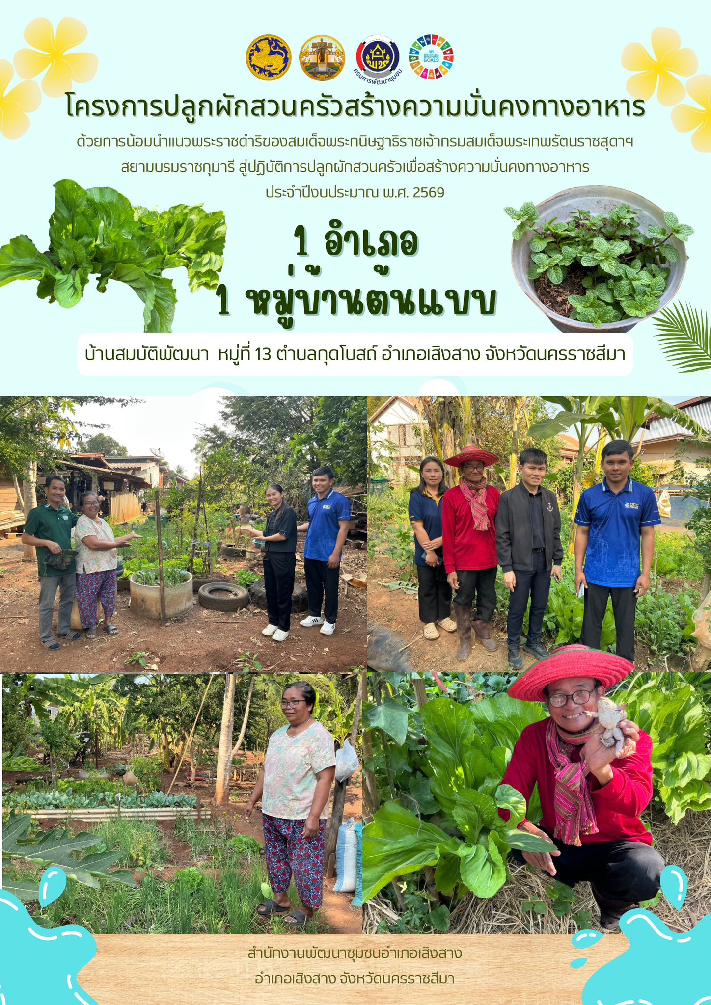 พช.เสิงสาง ขับเคลื่อนหมู่บ้านต้นแบบการน้อมนำแนวทางพระราชดำริฯ ปลูกผักสวนครัว เพื่อสร้างความมั่นคงทางอาหาร บ้านสมบัติพัฒนา หมู่ที่ 13 ตำบลกุดโบสถ์ อำเภอเสิงสาง จังหวัดนครราชสีมา